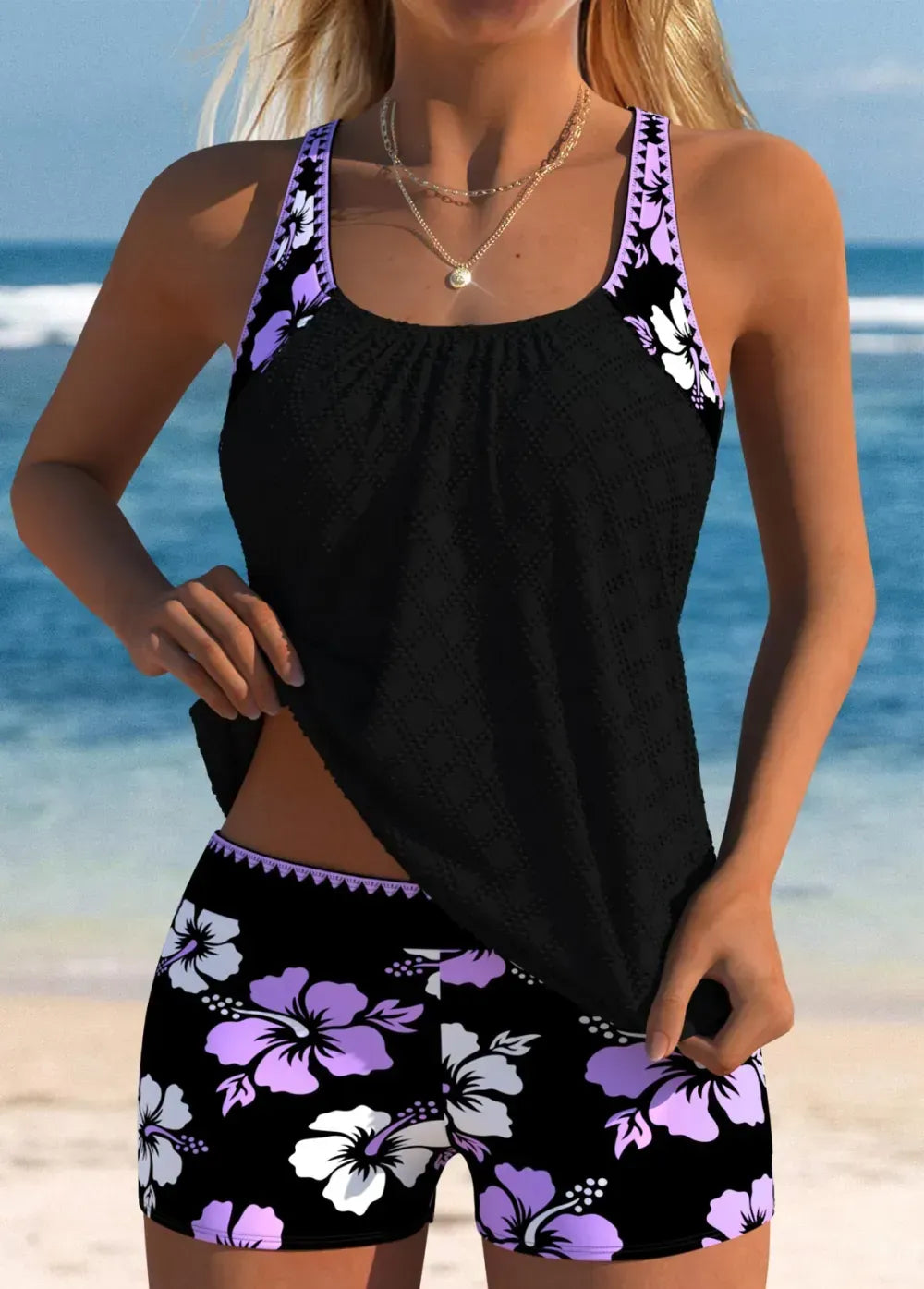 Mid Waisted Floral Print Light Purple Tankini Set