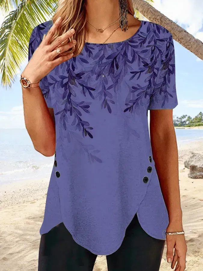 Women's Crew Neck Floral Tulip Hem Resort Tunic T-Shirt