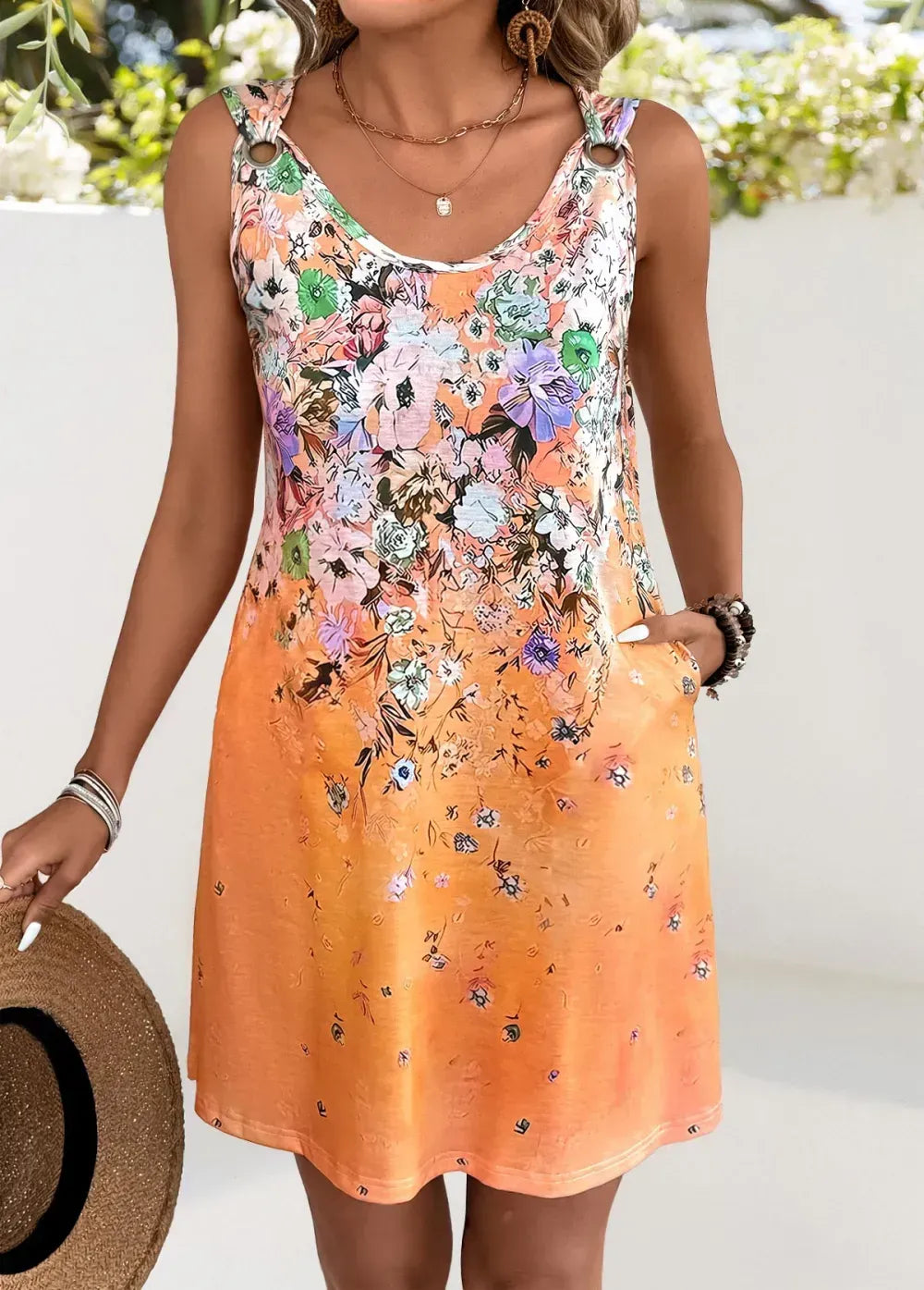 Orange Floral Print A Line Sleeveless Scoop Neck Dress