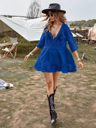 Women's Contrast Lace Bathing Suit Cover Up V-Neck Swimsuit Coverups Loose Swimwear Beach Dress Beachwear