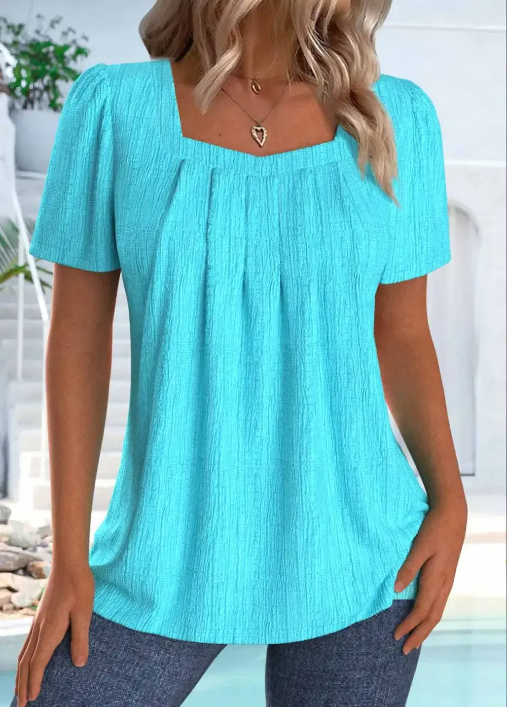Cyan Short Sleeve Square Neck T Shirt