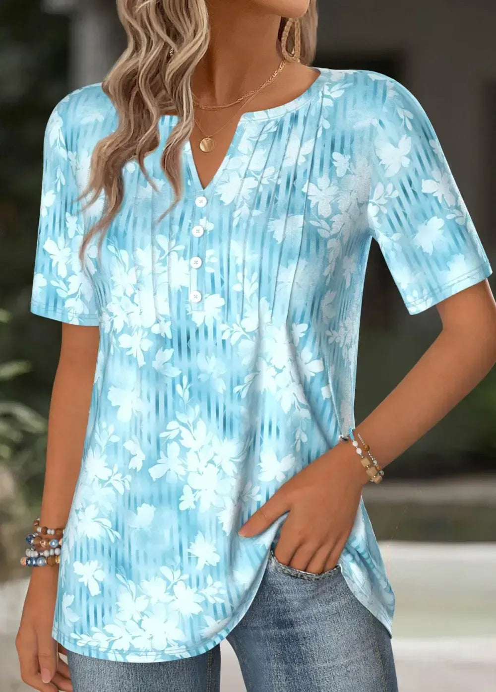 Light Blue Floral Print Short Sleeve T Shirt