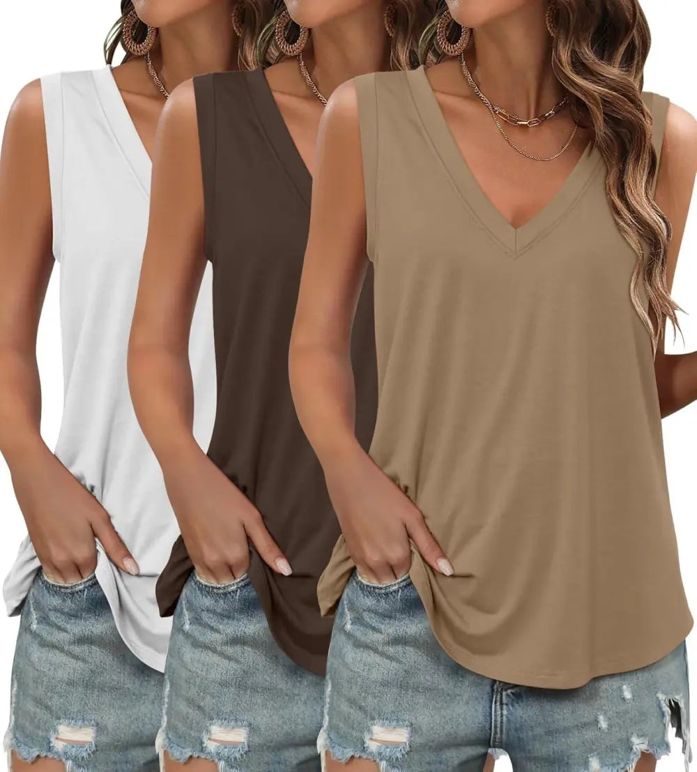 KKJ 3 Pack Womens Tank Tops Summer Beach Vacation Outfits V Neck Loose Sleeveless Blouses Casual Shirt Spring Fashion Clothes