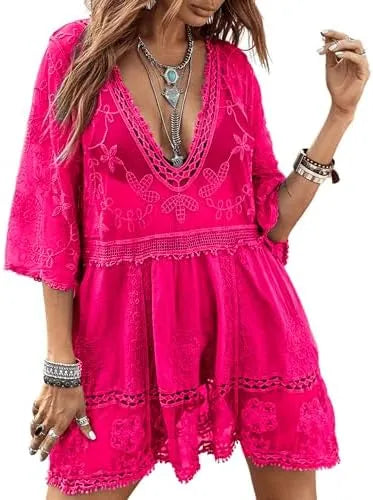 Women's Contrast Lace Bathing Suit Cover Up V-Neck Swimsuit Coverups Loose Swimwear Beach Dress Beachwear