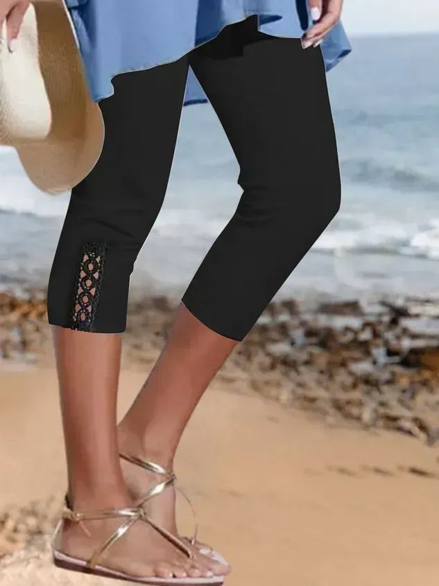Plain color patterned elastic waist lace high elastic pants Capri Leggings