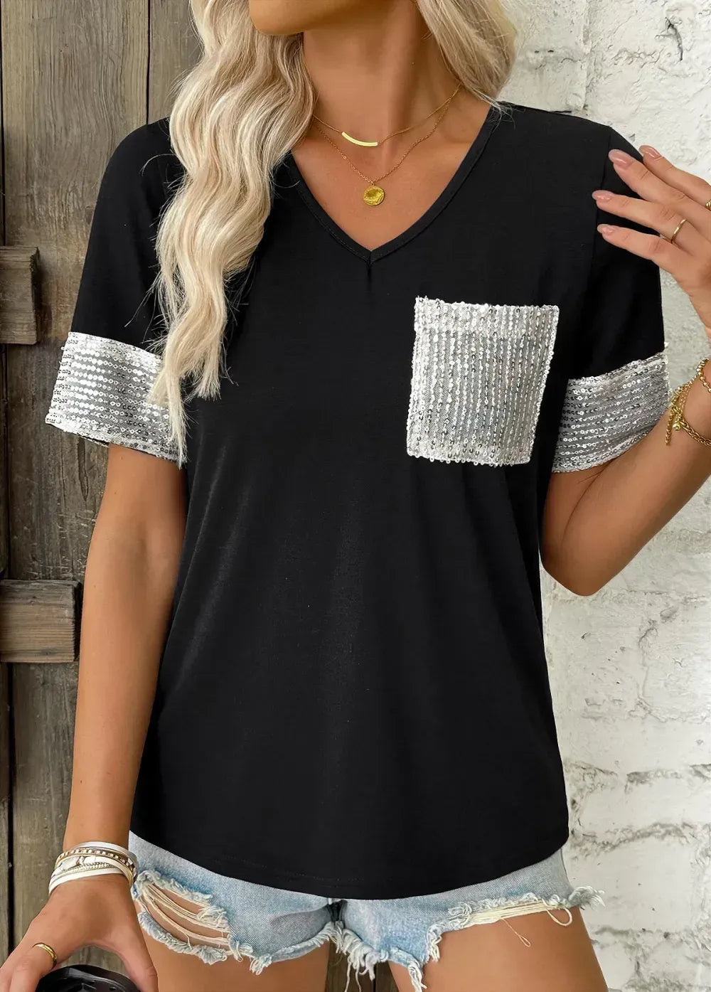 Black Short Sleeve V Neck T Shirt