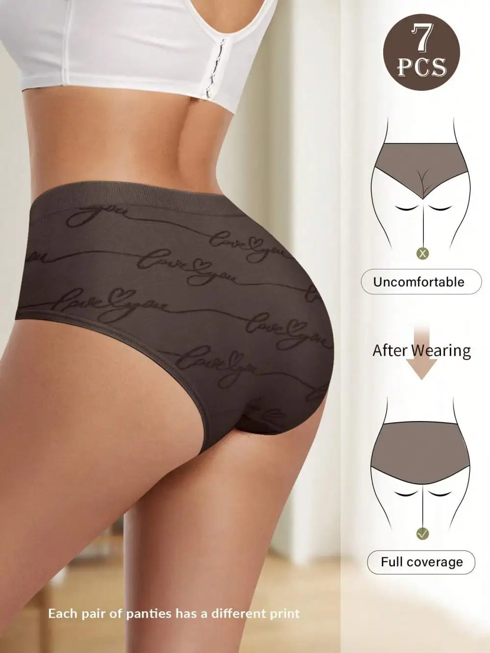 7pcs/Set Women Seamless Textured Underwear, Low Rise Fashionable Printed, Comfortable Fit