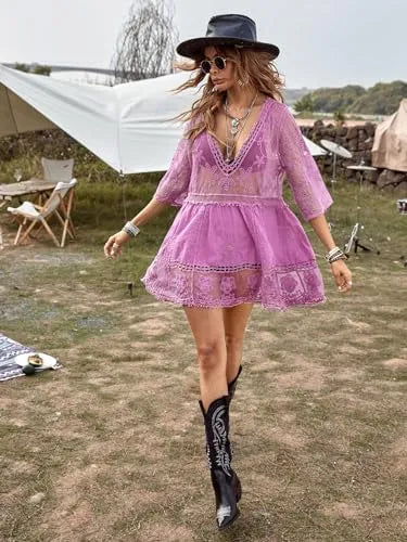 Women's Contrast Lace Bathing Suit Cover Up V-Neck Swimsuit Coverups Loose Swimwear Beach Dress Beachwear