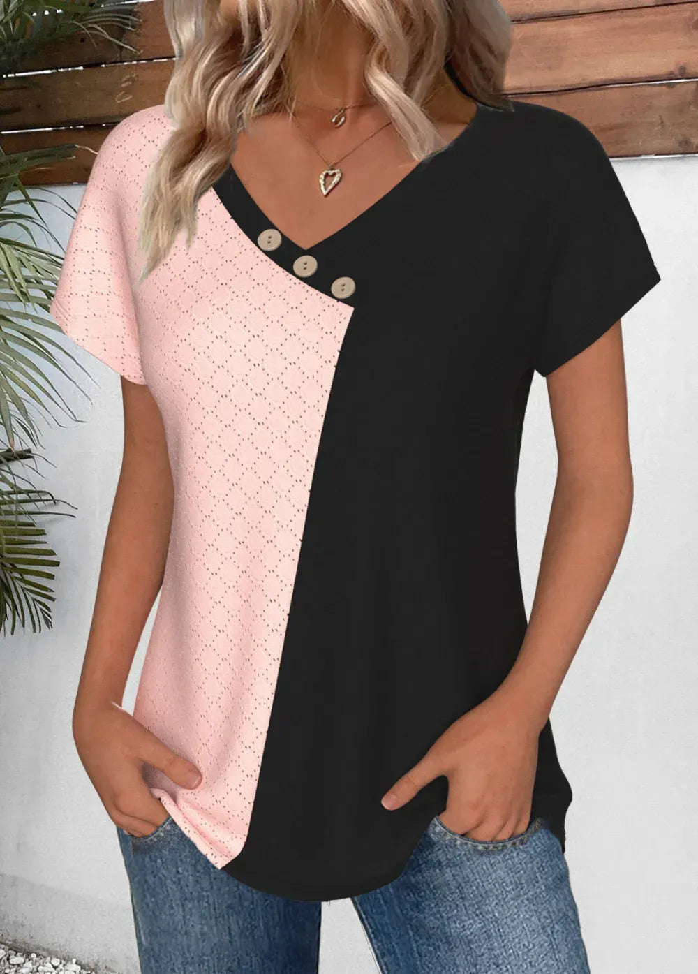 Light Pink Patchwork Short Sleeve V Neck T Shirt