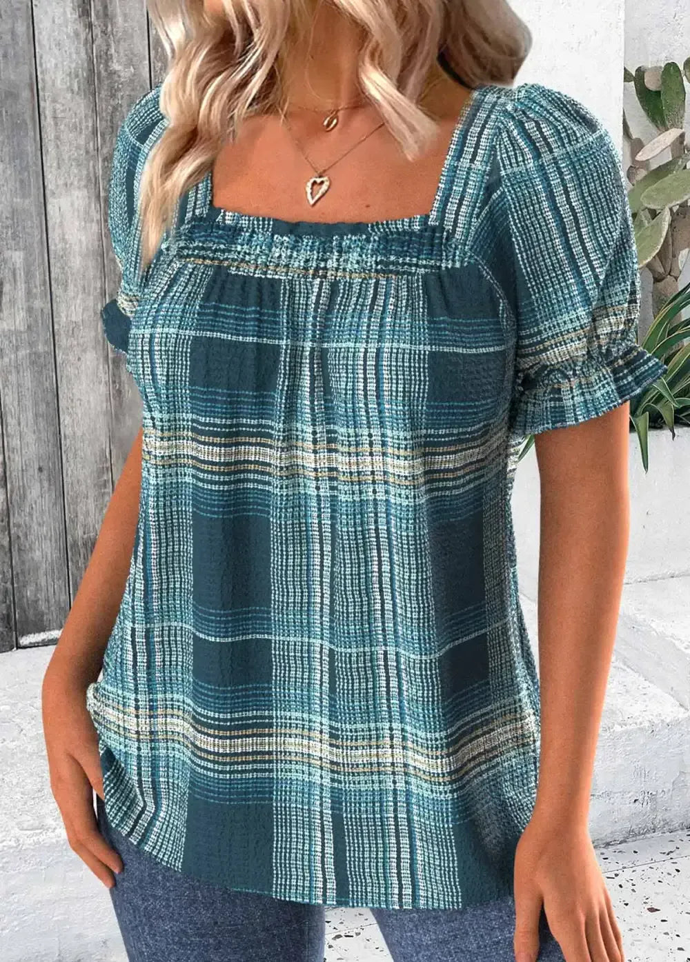 Cyan Plaid Half Sleeve Square Neck T Shirt