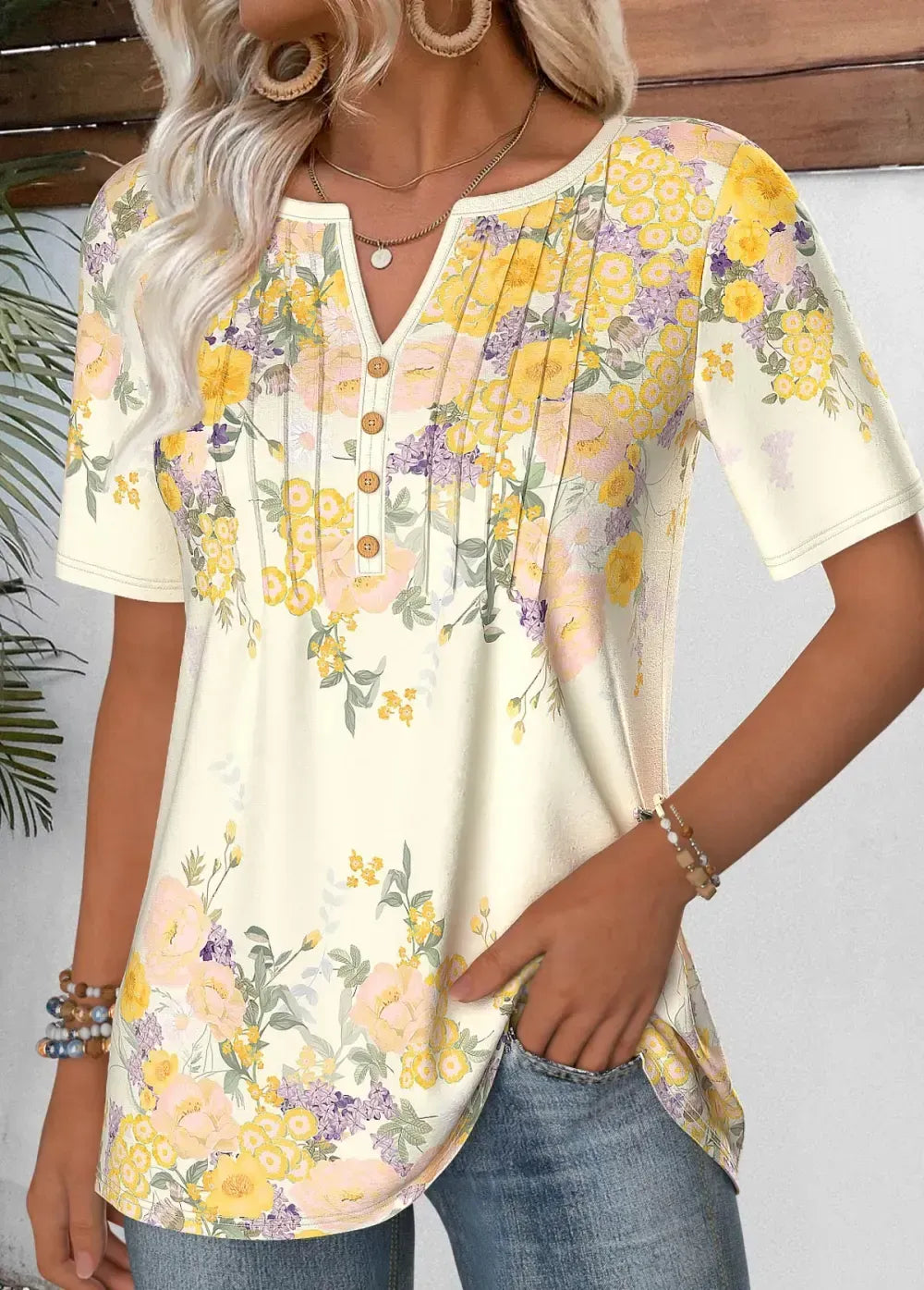 Light Yellow Short Sleeve Split Neck T Shirt