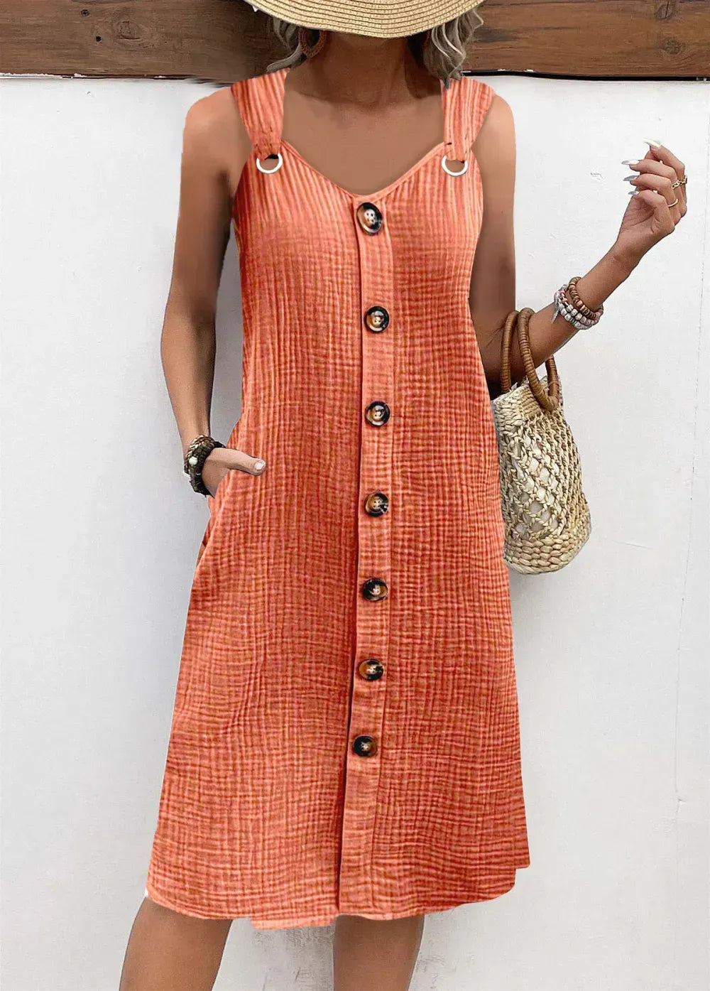 Orange Breathable A Line Sleeveless V Neck Dress