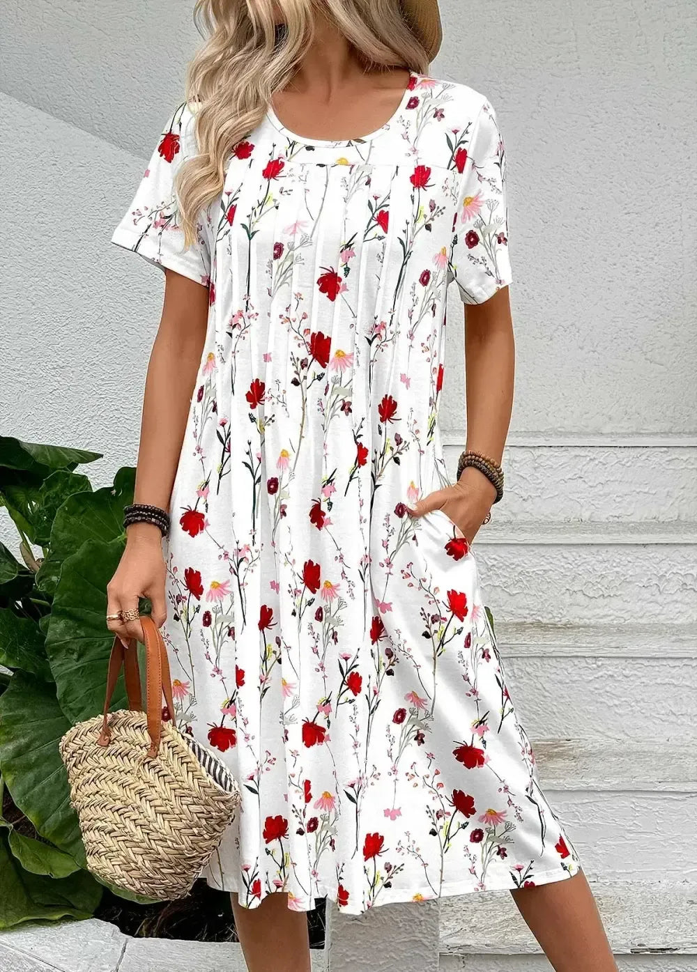 White Tuck Stitch Floral Print A Line Dress