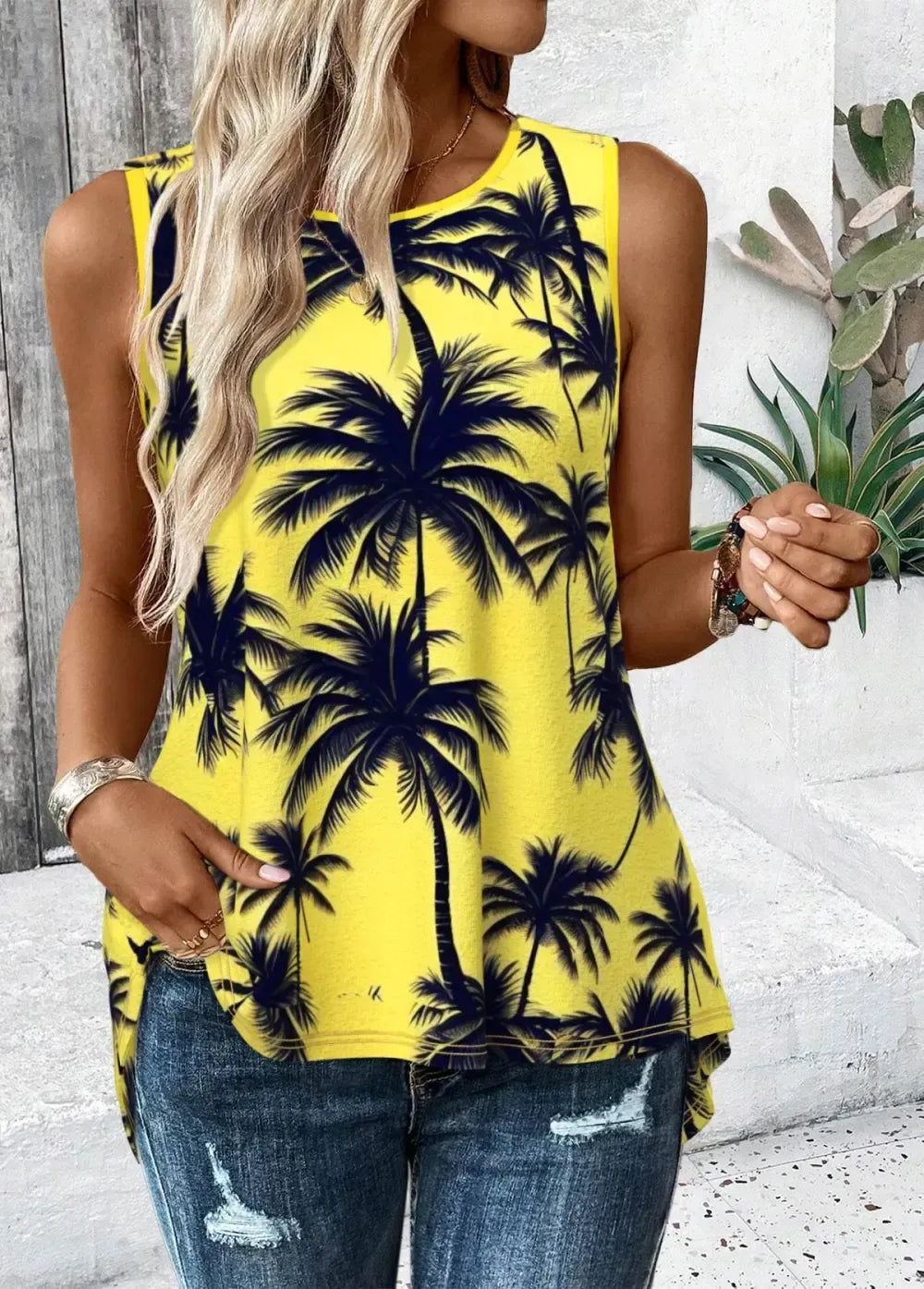 Neon Yellow Tropical Plants Print Sleeveless Tank Top