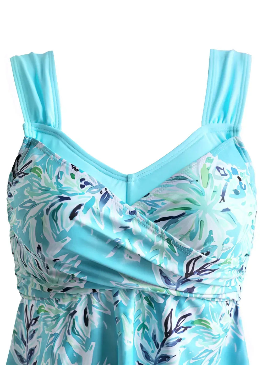 Surplice Leaf Print Cyan Swimdress and Shorts