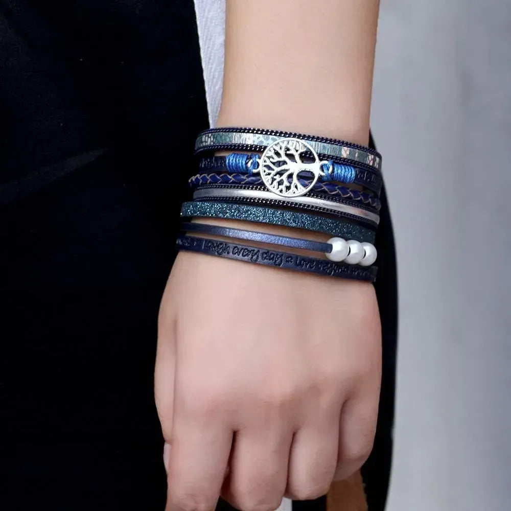 Fesciory Leather Wrap Bracelets for Women, Boho Leopard Multi-Layer Crystal Beads Cuff Bracelet Jewelry