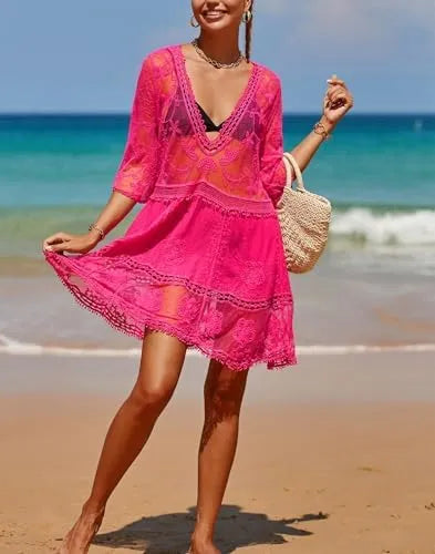 Women's Contrast Lace Bathing Suit Cover Up V-Neck Swimsuit Coverups Loose Swimwear Beach Dress Beachwear