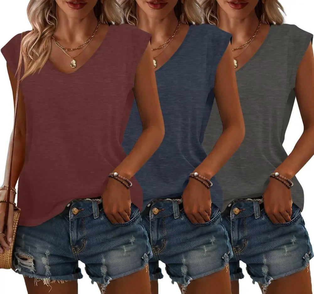 Bliwov 3 Pack Womens Cap Sleeve Tops V Neck T Shirts Spring Summer Casual Plus Size Beach Vacation Fashion Basics Tee Clothes