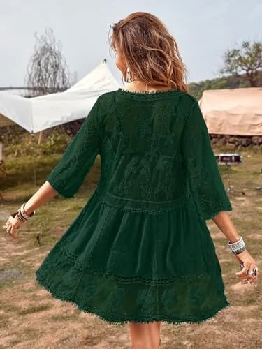 Women's Contrast Lace Bathing Suit Cover Up V-Neck Swimsuit Coverups Loose Swimwear Beach Dress Beachwear