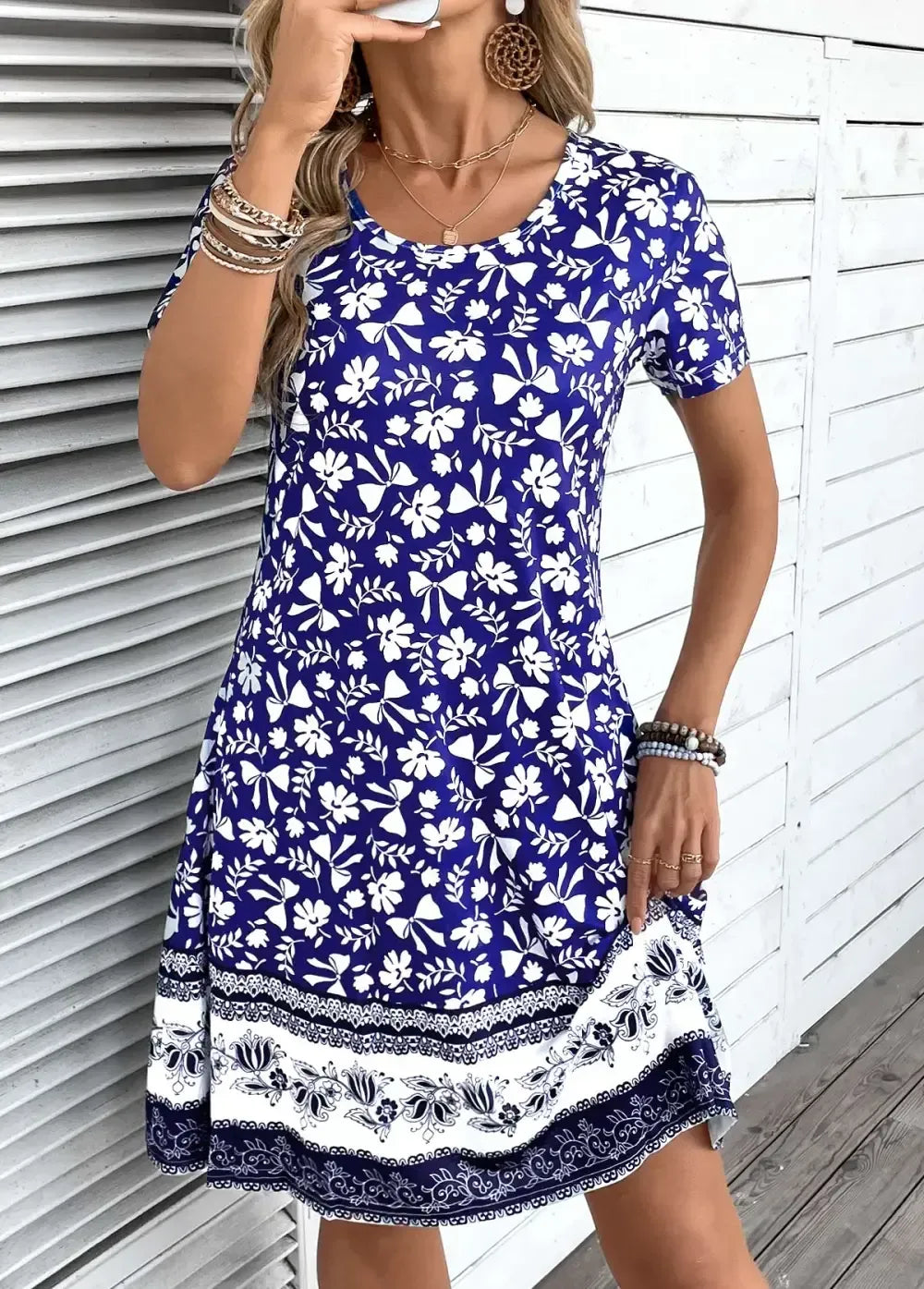 Blue Patchwork Tribal Print A Line Short Sleeve Dress
