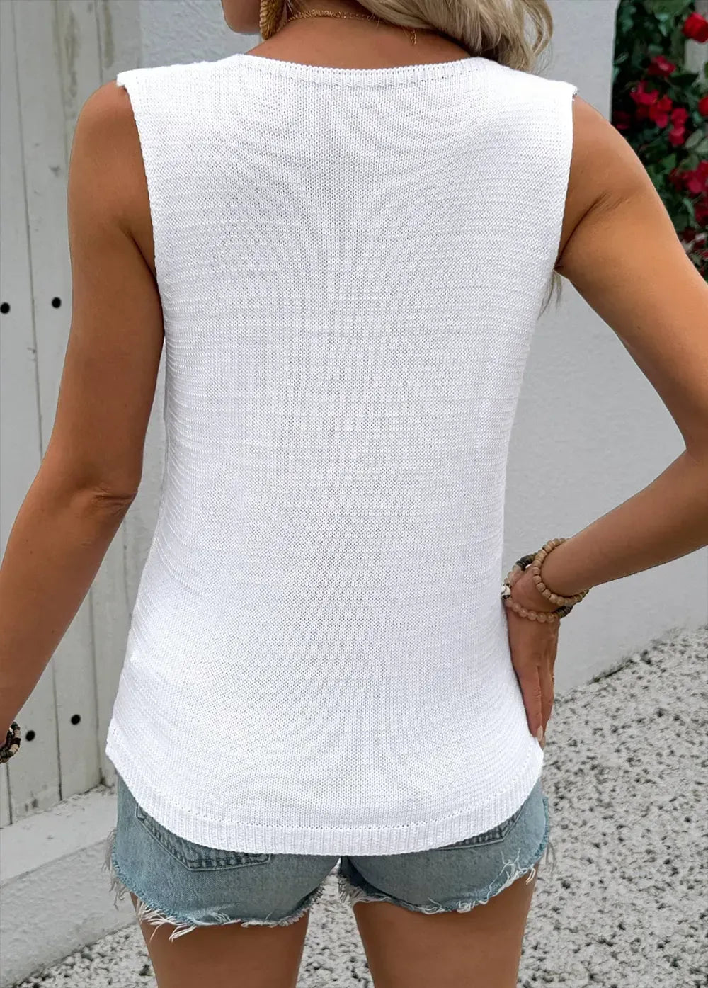 White Sleeveless V Neck Tank Top