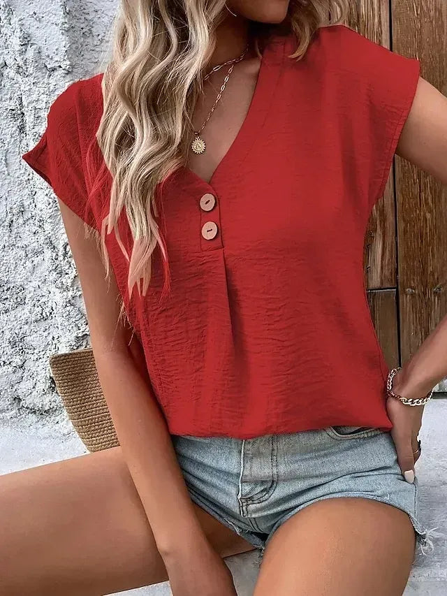 Women's T shirt Tee Black White Pink Plain Button Short Sleeve Daily Weekend Basic V Neck Regular S