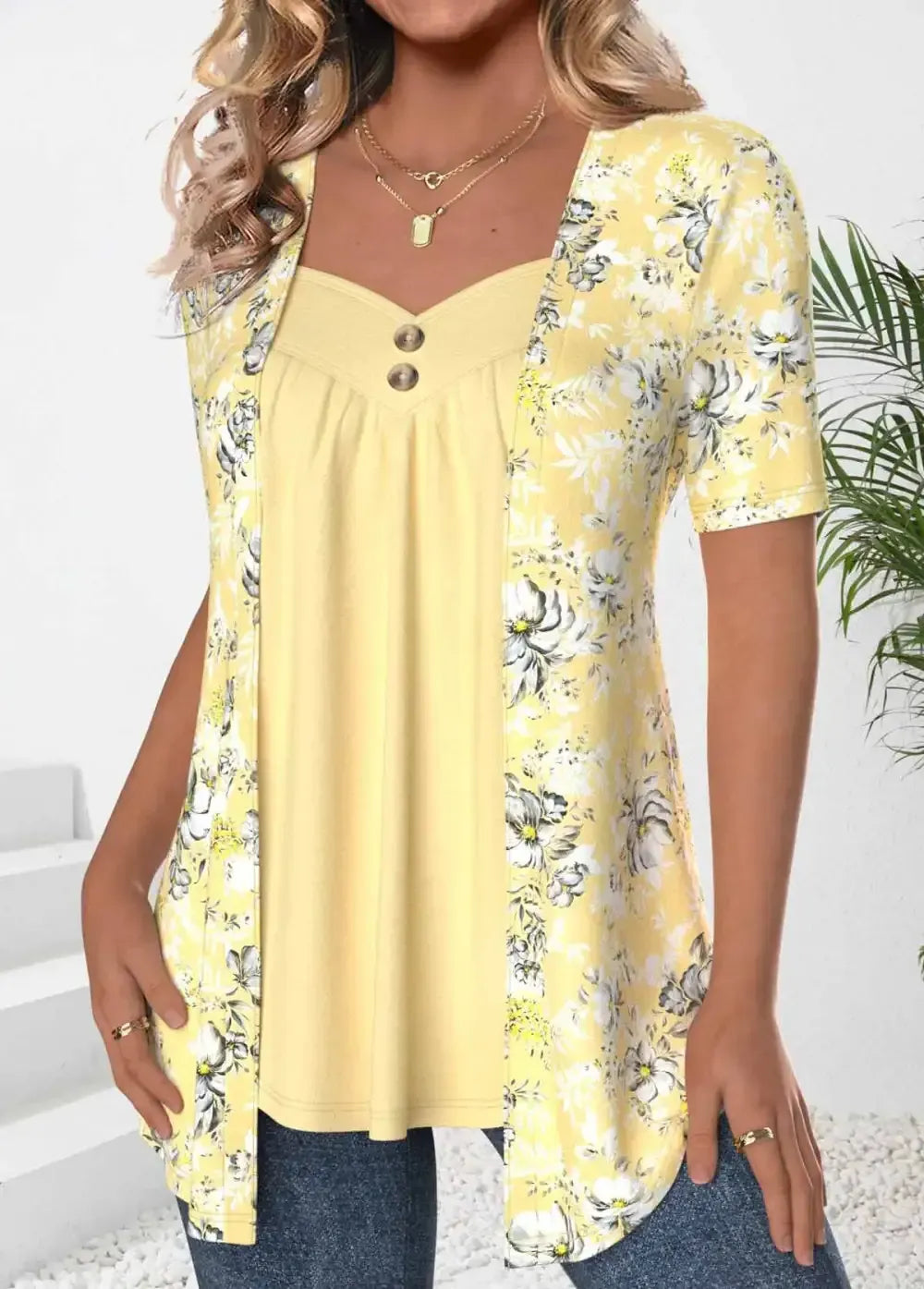 Light Yellow Floral Print Fake Two Piece Twinset