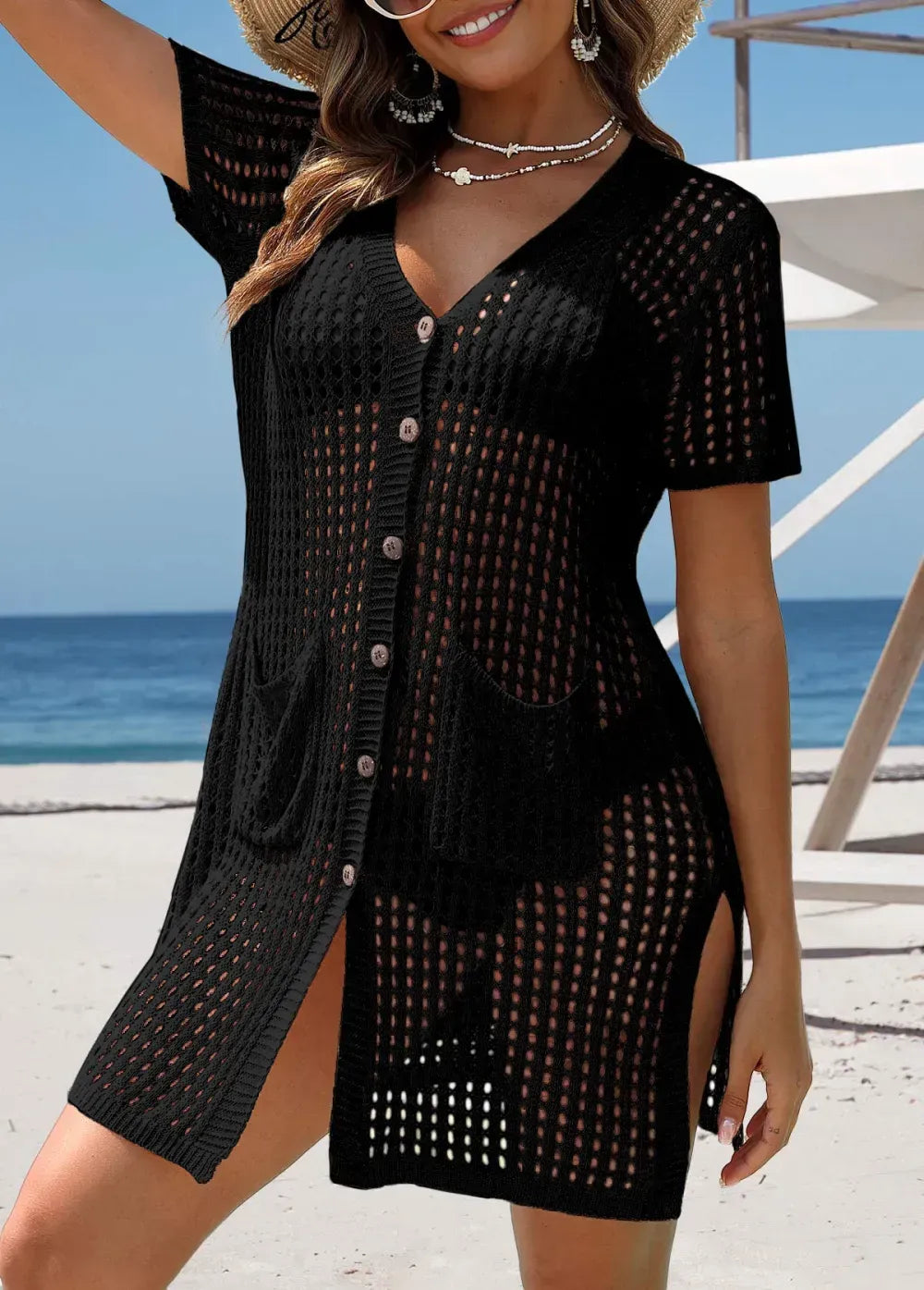 Black Pocket Short Sleeve Button Cover Up