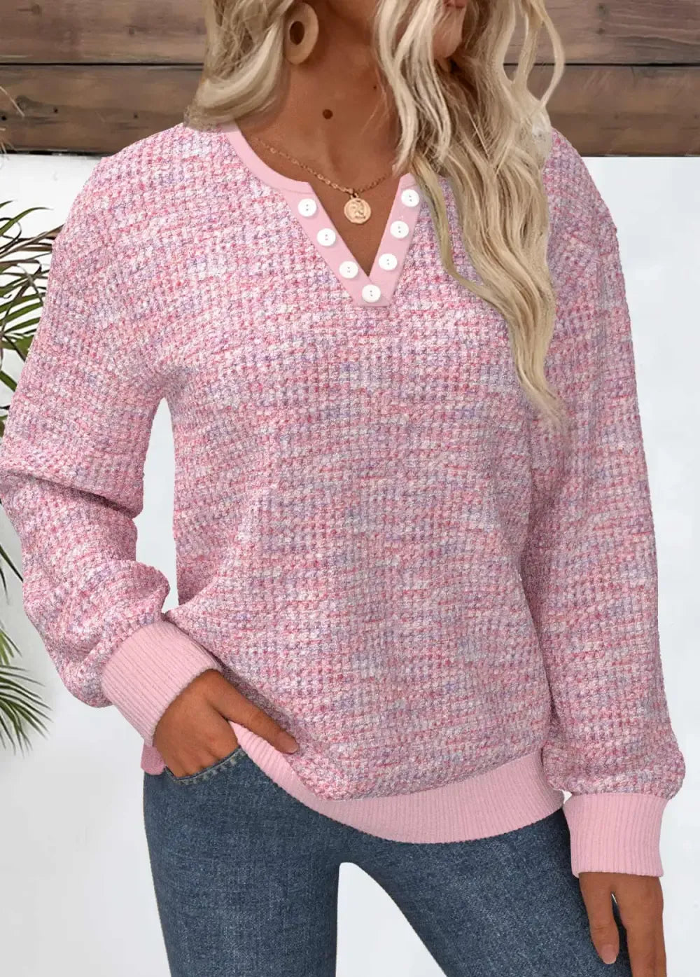 Light Pink Button Dazzle Colorful Print Long Sleeve Sweatshirt