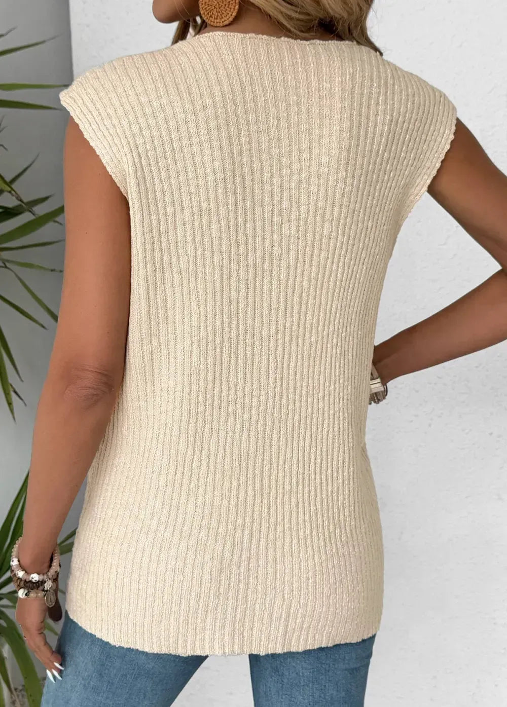 Beige Sleeveless V Neck Tank Top