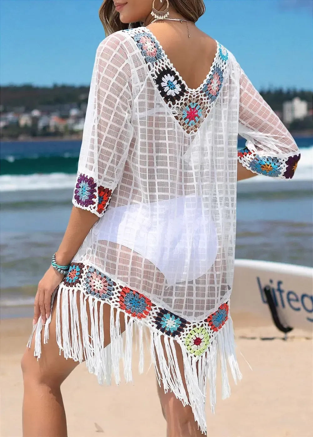 Tribal Print Tassel White Cover Up