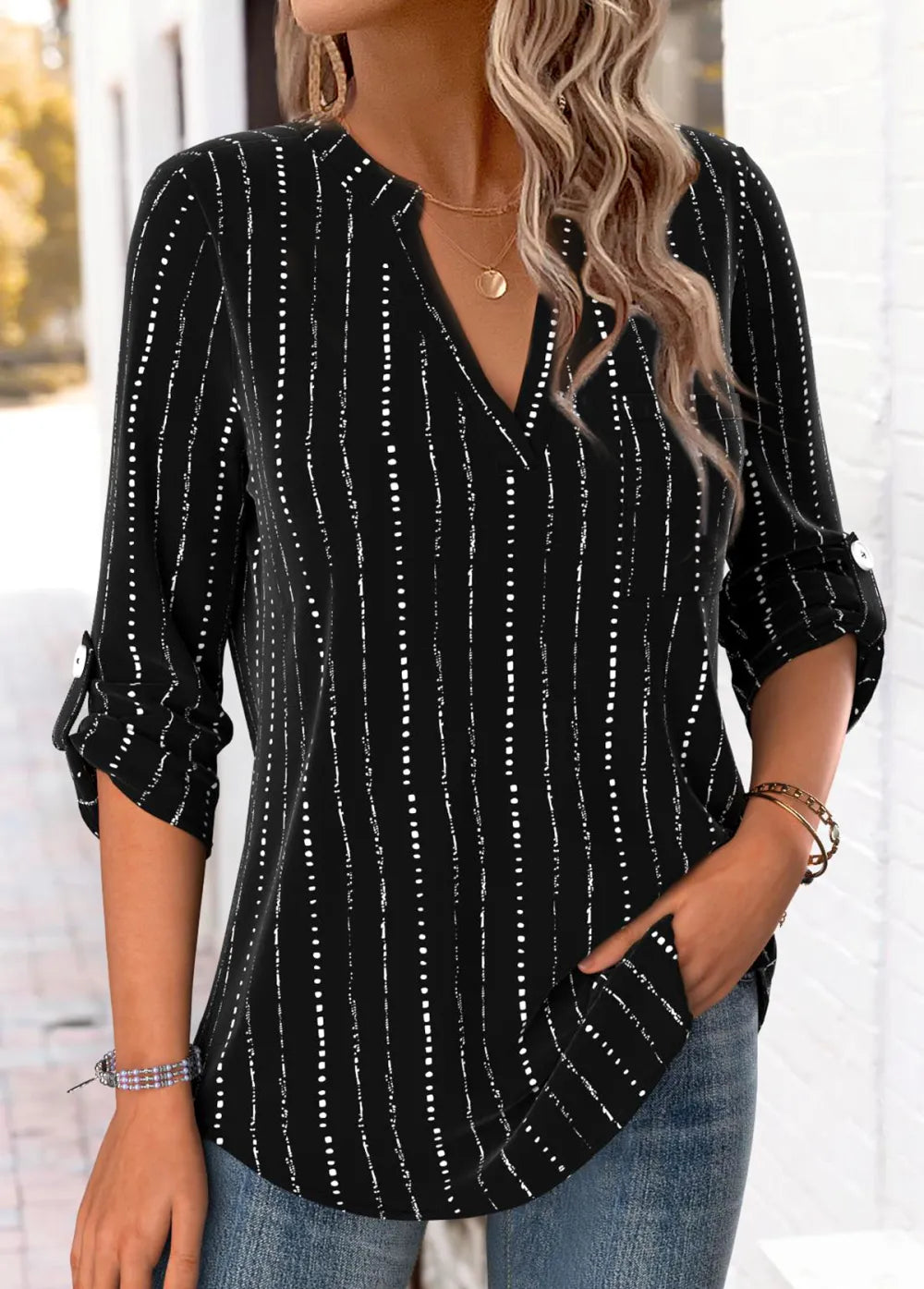 Black Polka Dot 3/4 Sleeve Split Neck Blouse