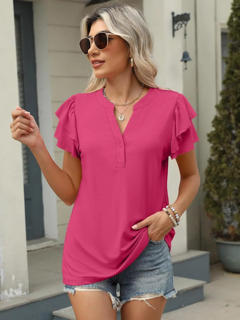 ANRABESS Womens Tops Dressy Casual Ruffle Short Sleeve V Neck Blouses Summer Button Down Business Work Elegant Shirts