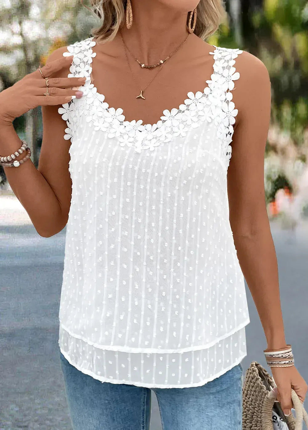 White Embroidery Sleeveless V Neck Tank Top