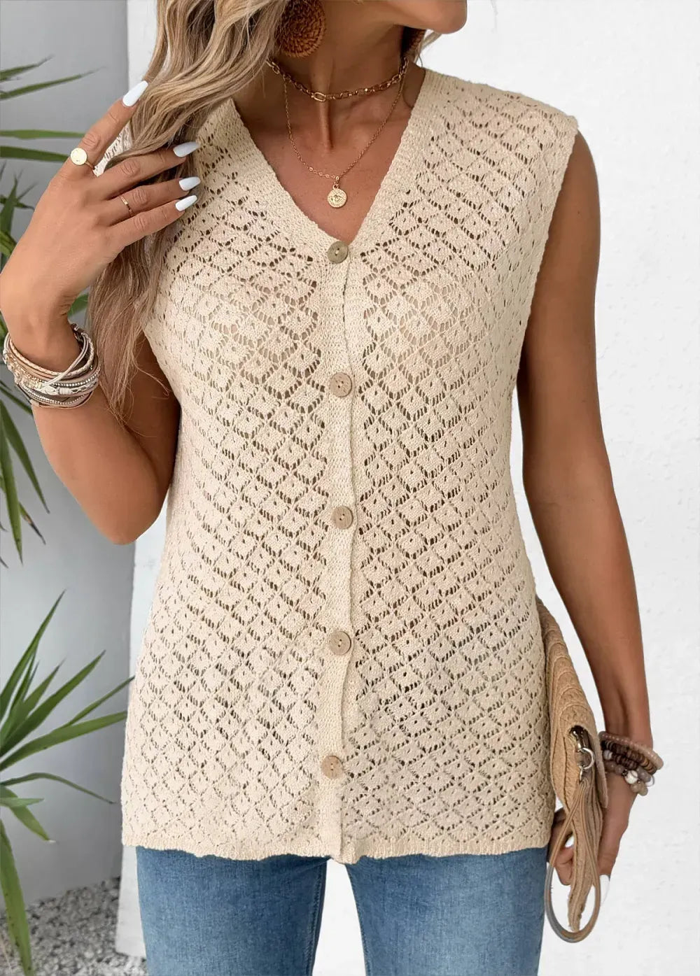 Beige Sleeveless V Neck Tank Top
