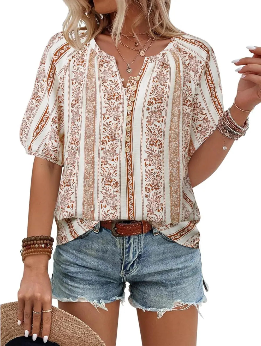 Unixseque Womens Summer Tops V Neck Short Sleeve Blouses Casual Button Down Shirts Floral Boho Clothing Trendy 2025