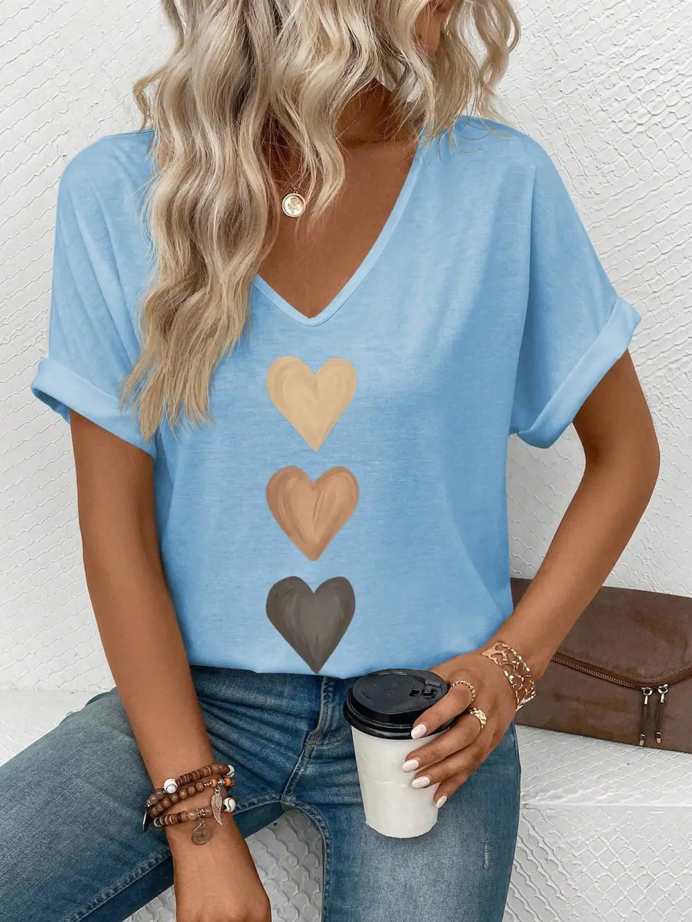 Women's V-Neck Ruffle Sleeve Ombre Heart Print Casual T-Shirt, Versatile For Spring & Summer