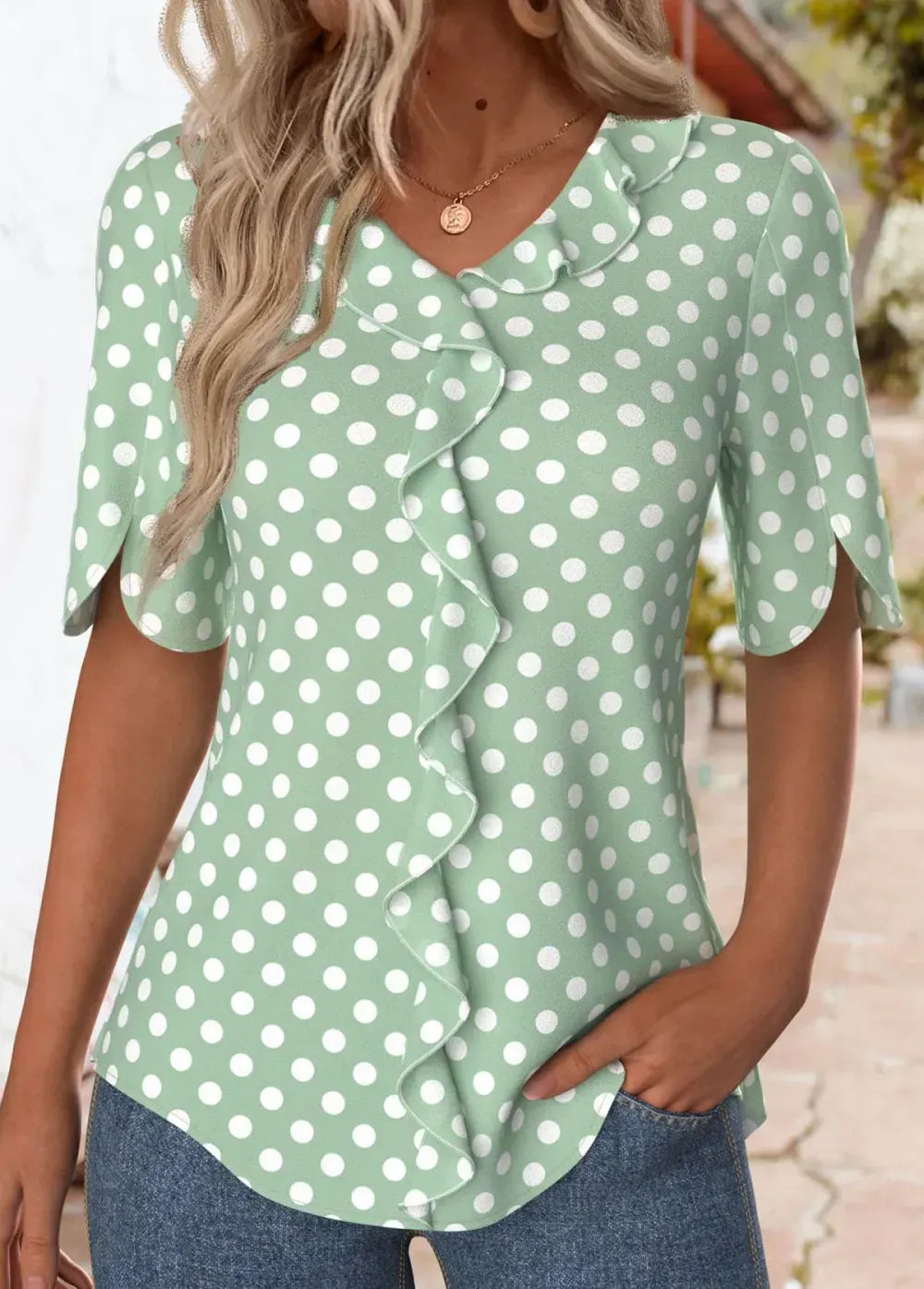 Green Ruffle Polka Dot Short Sleeve T Shirt