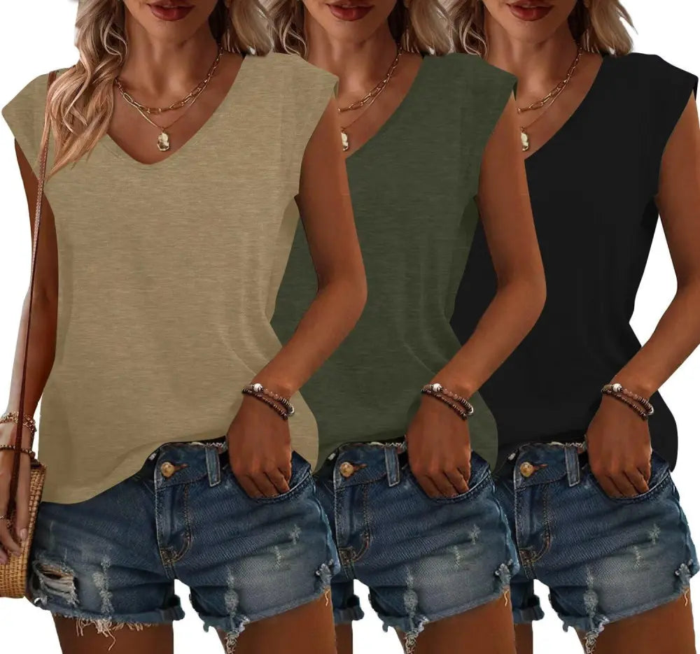 Bliwov 3 Pack Womens Cap Sleeve Tops V Neck T Shirts Spring Summer Casual Plus Size Beach Vacation Fashion Basics Tee Clothes