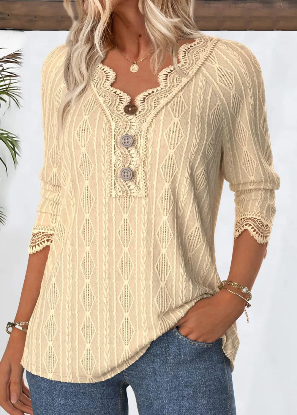 Light Camel 3/4 Sleeve V Neck T Shirt