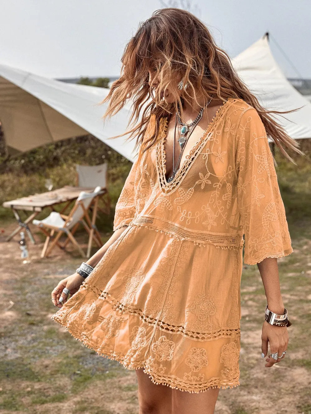 Women's Contrast Lace Bathing Suit Cover Up V-Neck Swimsuit Coverups Loose Swimwear Beach Dress Beachwear