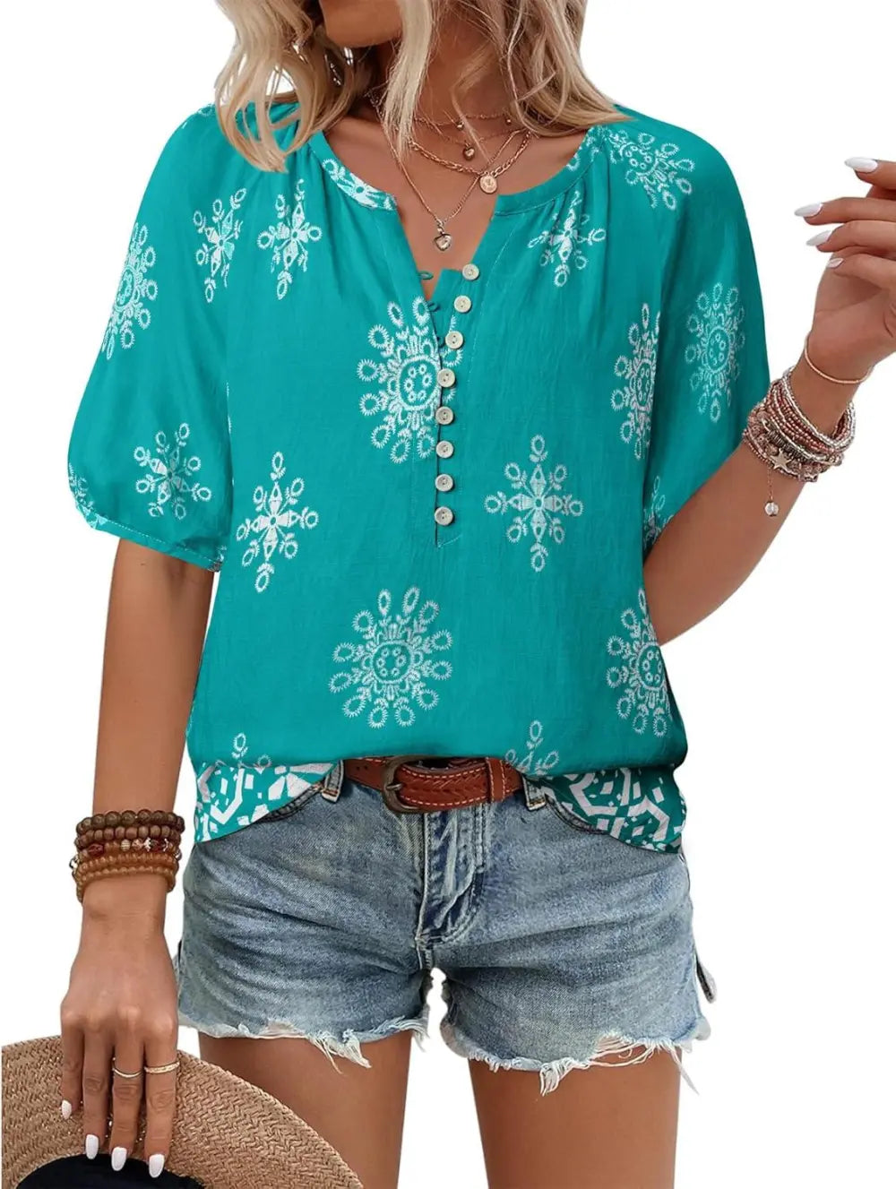 Unixseque Womens Summer Tops V Neck Short Sleeve Blouses Casual Button Down Shirts Floral Boho Clothing Trendy 2025