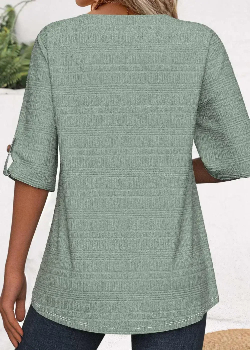 Green Button 3/4 Sleeve Split Neck Blouse