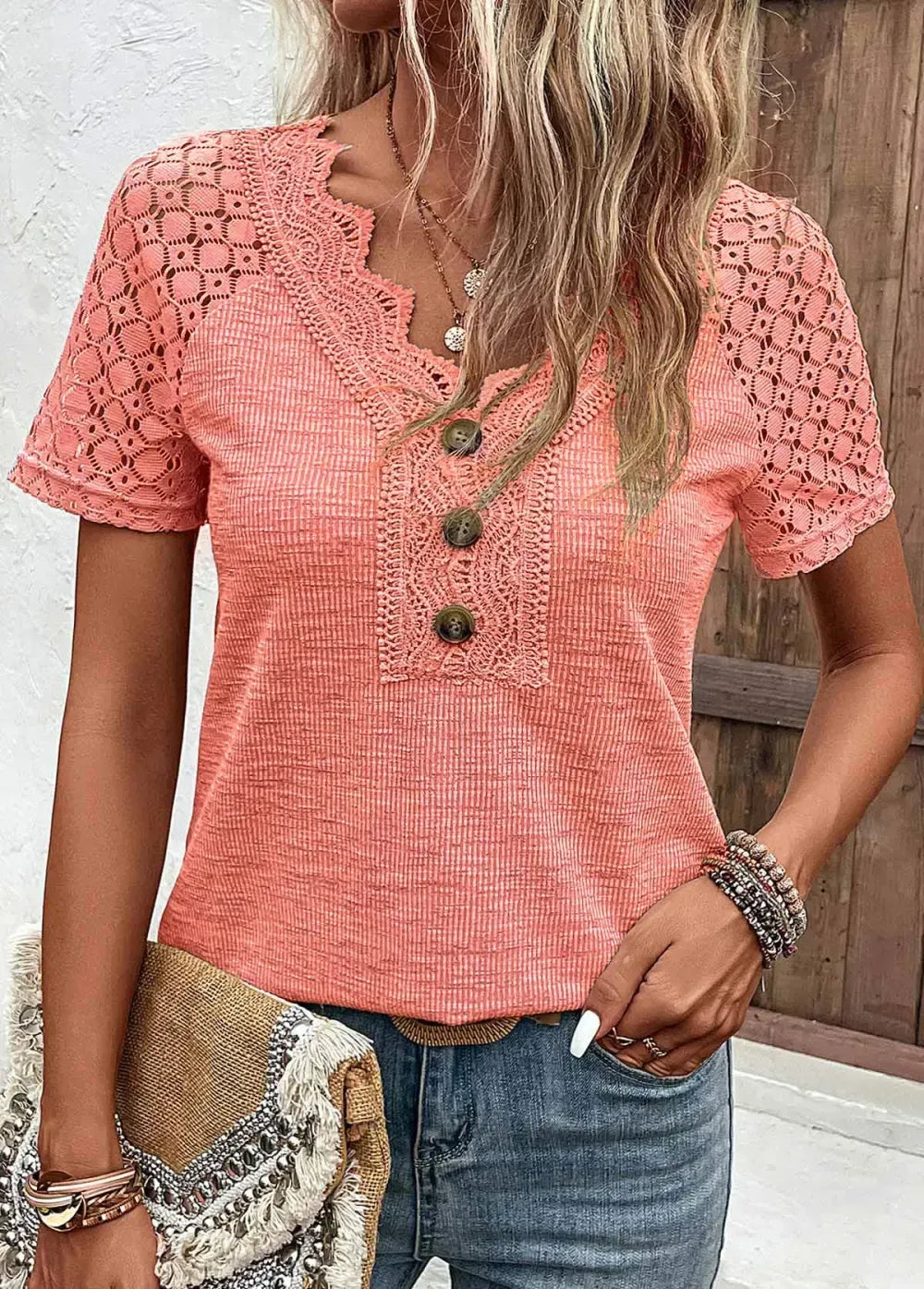 Orange Lace Short Sleeve V Neck T Shirt