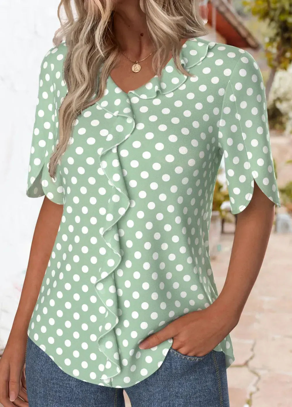 Green Ruffle Polka Dot Short Sleeve T Shirt