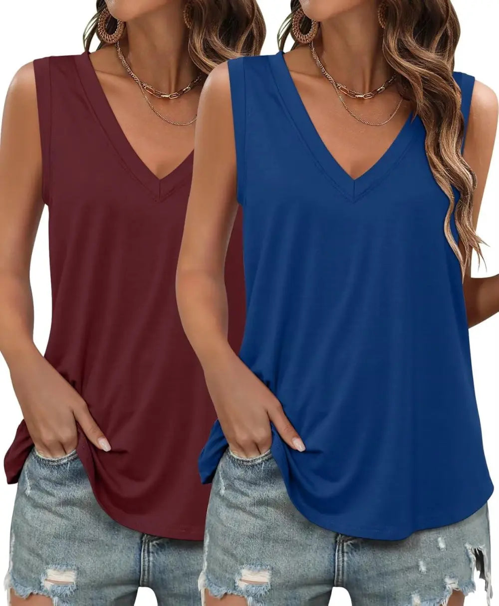 KKJ 2 Pack Womens Tank Tops Summer V Neck Sleeveless Loose Casual Blouses Beach Vacation Outfits Shirt Spring Trendy Clothes