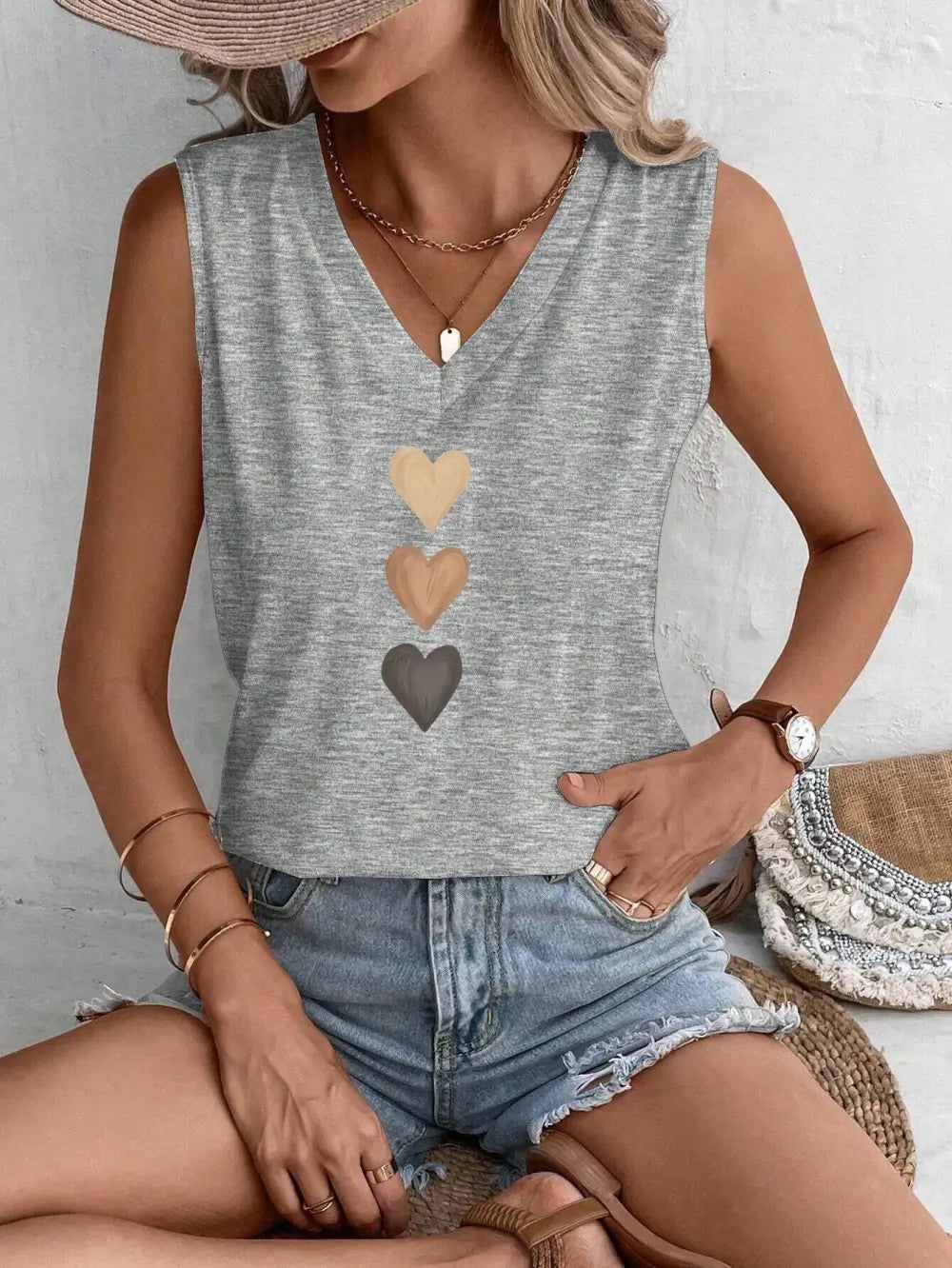 Casual Minimalist Heart Pattern Sleeveless Camisole Tank Top For Women, Suitable For Summer