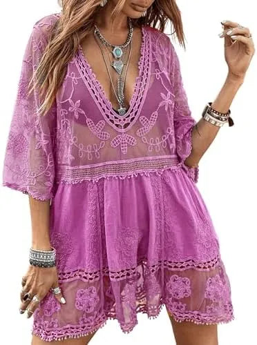 Women's Contrast Lace Bathing Suit Cover Up V-Neck Swimsuit Coverups Loose Swimwear Beach Dress Beachwear