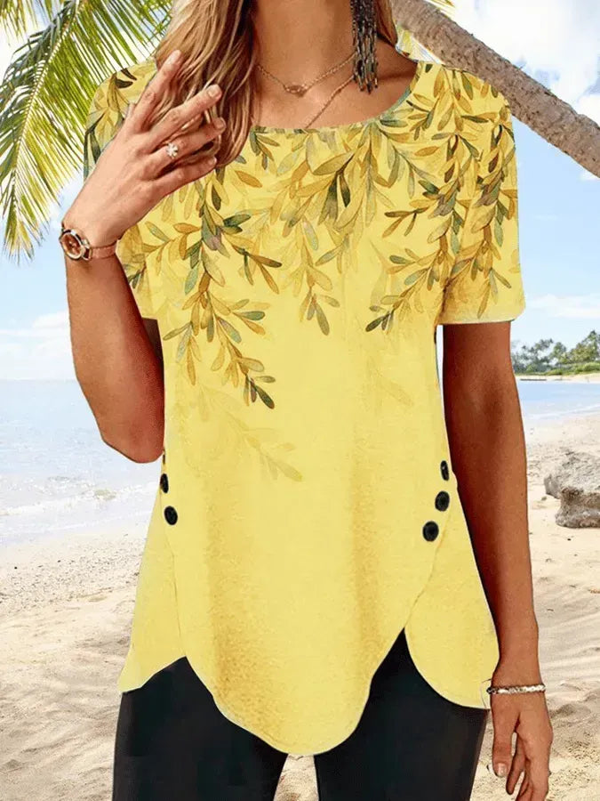 Women's Crew Neck Floral Tulip Hem Resort Tunic T-Shirt