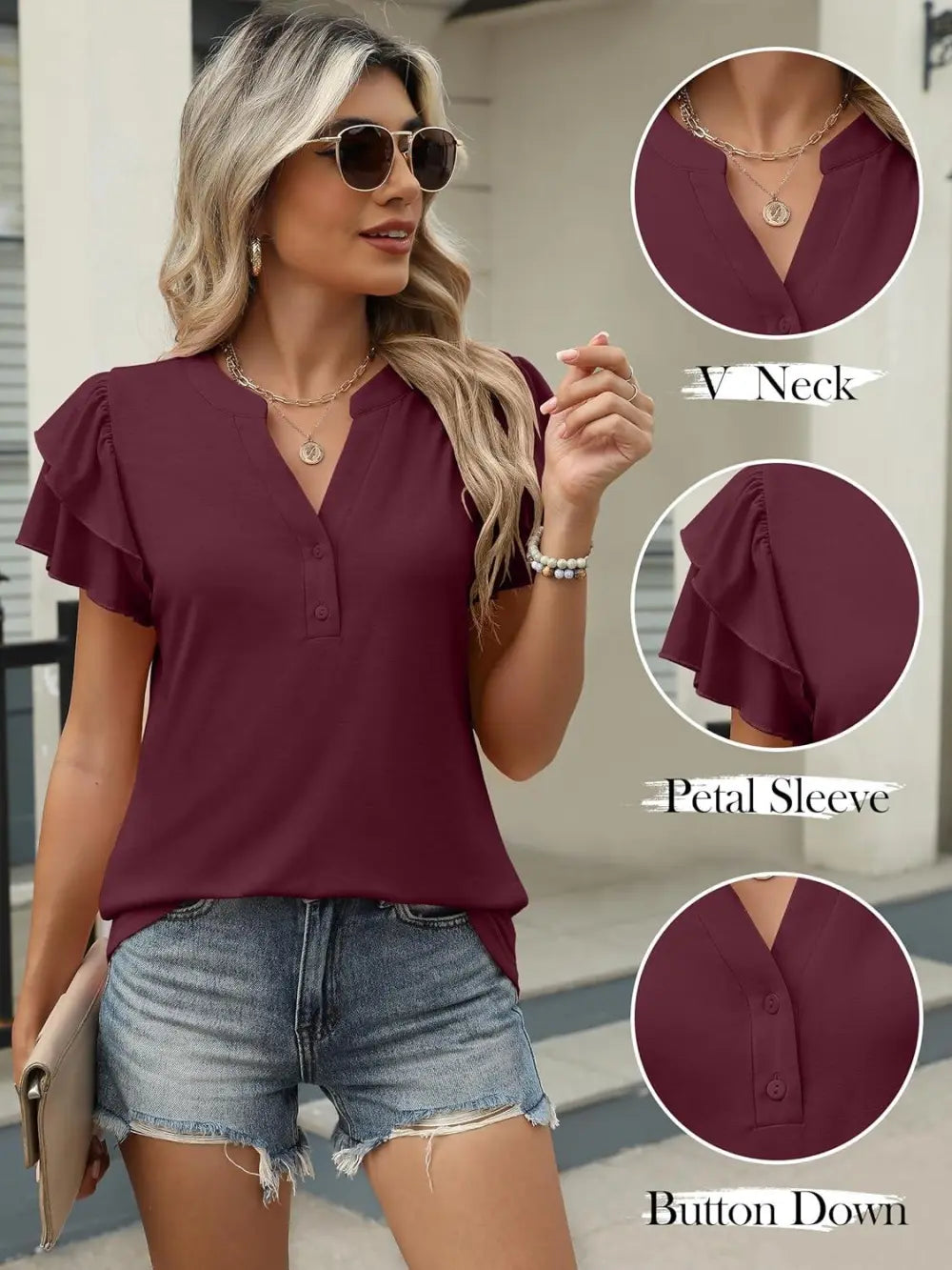 ANRABESS Womens Tops Dressy Casual Ruffle Short Sleeve V Neck Blouses Summer Button Down Business Work Elegant Shirts